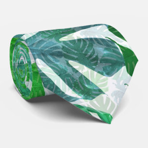 Tropical Green Blue Monstera Palm Leaves Pattern Tie