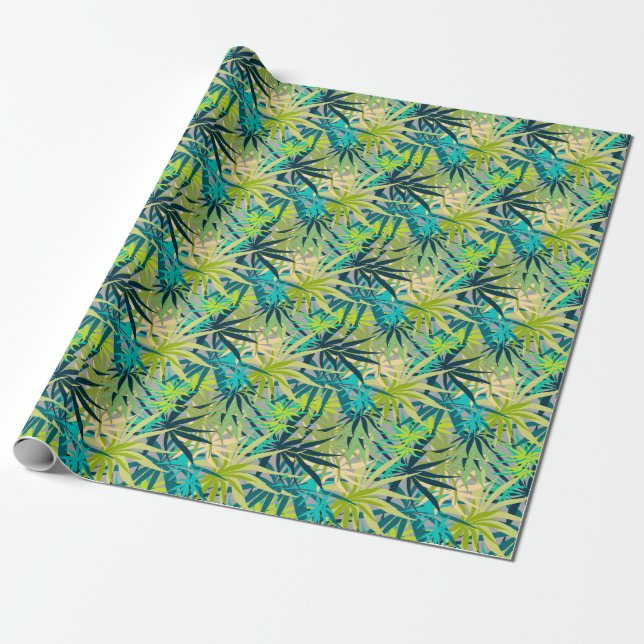 Tropical Green Blue Palms Wrapping Paper (Unrolled)