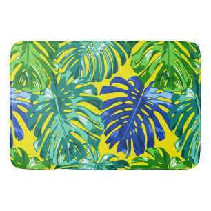 Tropical Green Blue Yellow Monstera Jungle Leaves Bath Mat