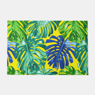 Tropical Green Blue Yellow Monstera Jungle Leaves Doormat
