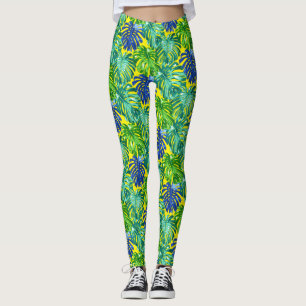 Tropical Green Blue Yellow Monstera Jungle Leaves Leggings