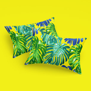 Tropical Green Blue Yellow Monstera Jungle Leaves Pillowcase