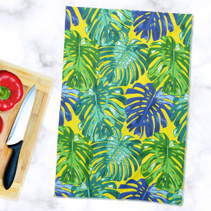 Tropical Green Blue Yellow Monstera Jungle Leaves Tea Towel