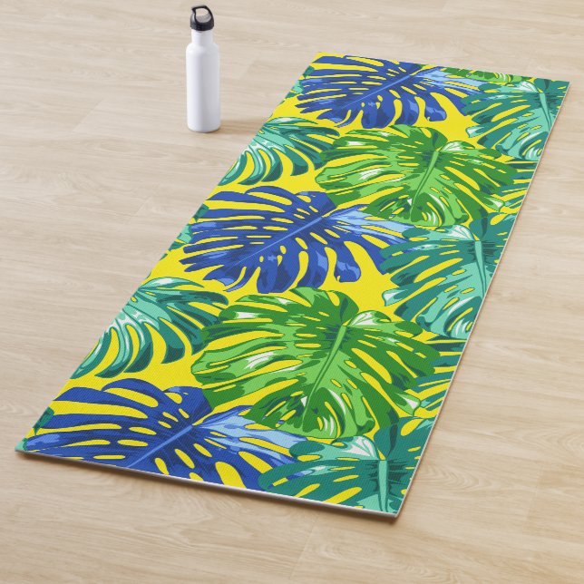 Tropical Green Blue Yellow Monstera Jungle Leaves Yoga Mat (In Situ)