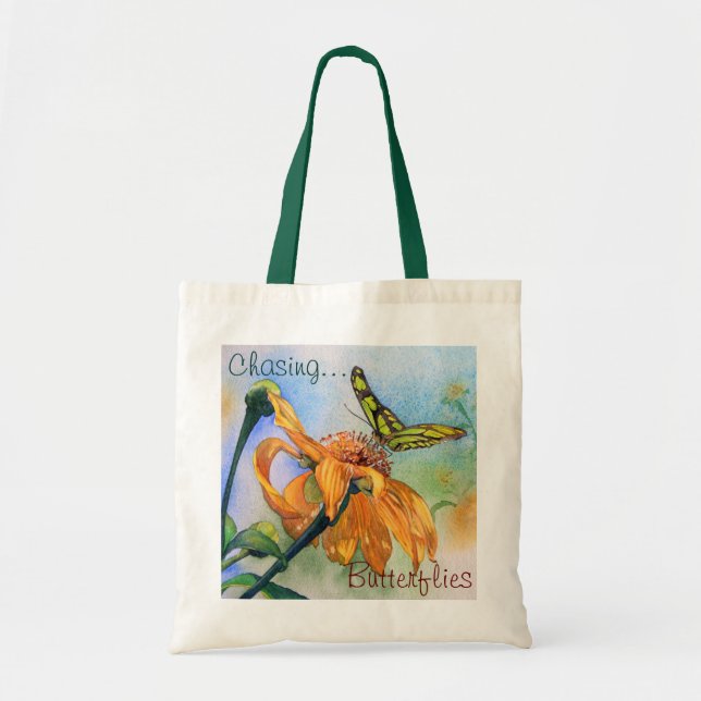 Tropical Green Butterfly Watercolor Tote Bag (Front)