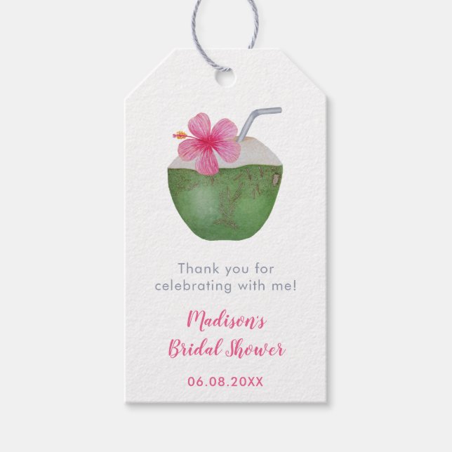 Tropical Green Coconut Bridal Shower Favour Tag (Front)