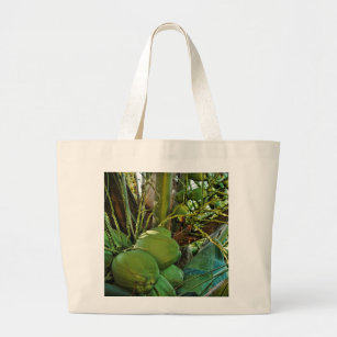 Tropical Green Coconuts Island Palm Trees Large Tote Bag