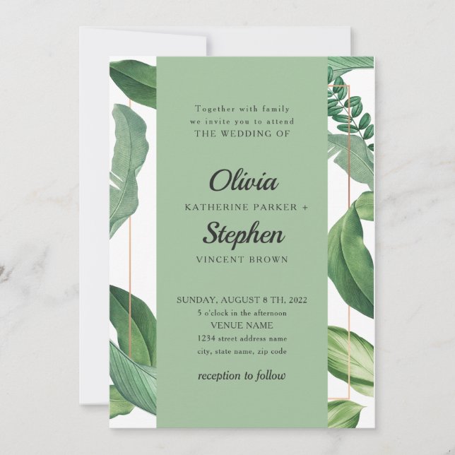 Tropical Green Foliage. Botanical elegant Wedding Invitation (Front)