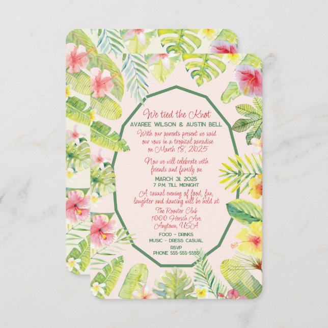 Tropical Green Foliage Red Hibiscus Invitation (Front/Back)