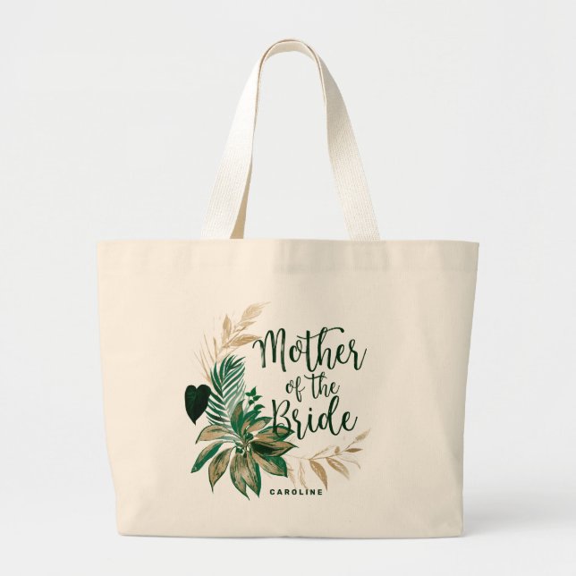 Tropical Green Foliage Wreath Mother of the Bride Large Tote Bag (Front)