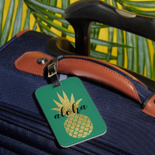 Tropical Green Gold Aloha Pineapple Luggage Tag