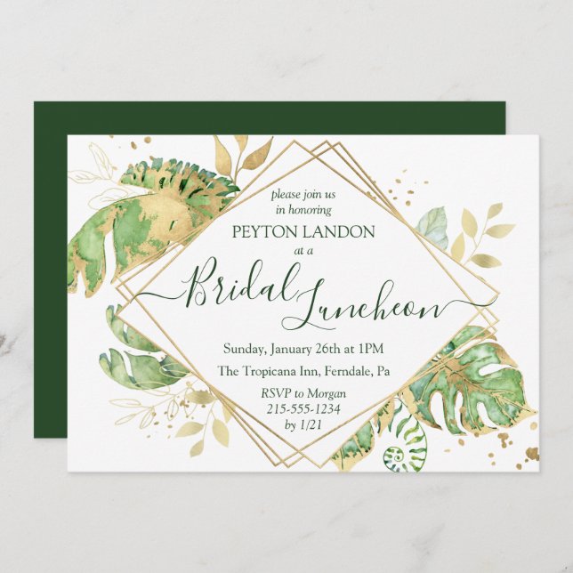 Tropical Green & Gold Bridal Luncheon Shower Invitation (Front/Back)