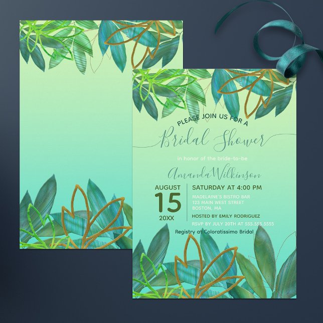 Tropical Green Gold Foil Foliage Bridal Shower Invitation (Creator Uploaded)