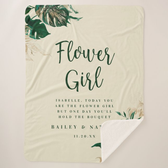 Tropical Green & Gold Foliage Flower Girl Quote Sherpa Blanket (Front)