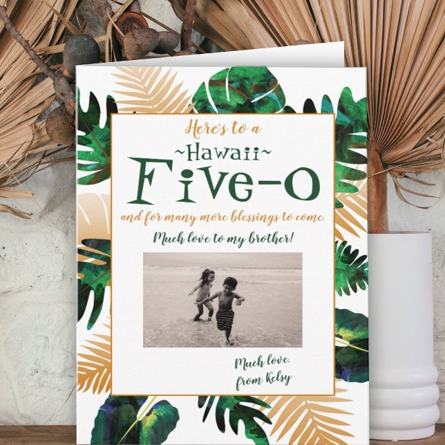 Tropical Green Gold Hawaii Five-0 50th Birthday Invitation (green gold tropical leaves monstera fern island leaves 50th 50 hawaii 5-0 happy birthday)