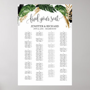 Tropical green gold leaves alphabetical wedding poster