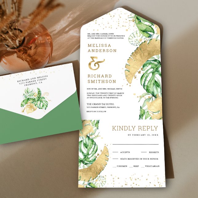 Tropical Green Gold Monstera Palm Leaves Wedding All In One Invitation (Creator Uploaded)
