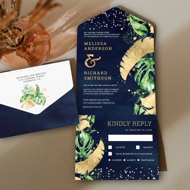 Tropical Green Gold Monstera Palm Navy Wedding All In One Invitation (Creator Uploaded)