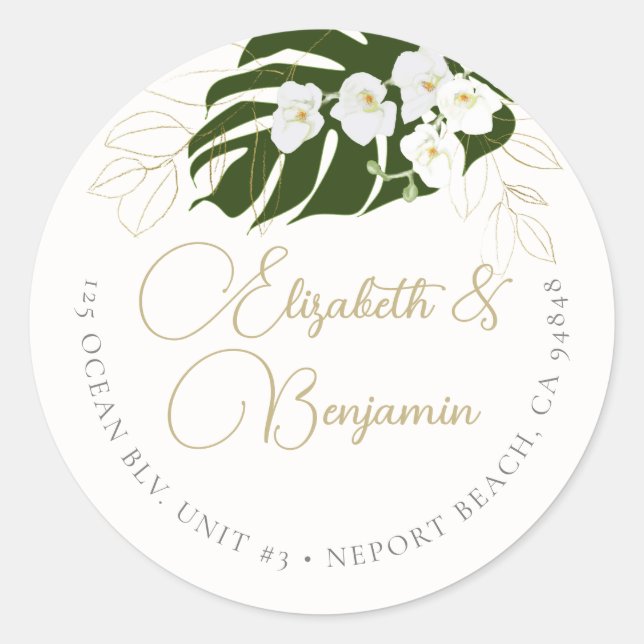 Tropical Green Gold Orchids Elegant Wedding Classic Round Sticker (Front)