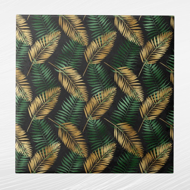 Tropical Green Gold Palm Leaves Glam Tile (Creator Uploaded)