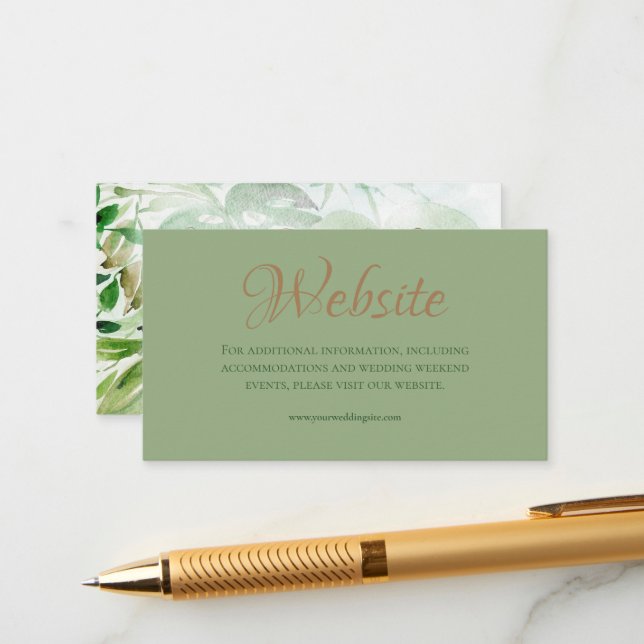 Tropical Green Gold Palm Leaves Wedding Website En Enclosure Card (Front/Back In Situ)