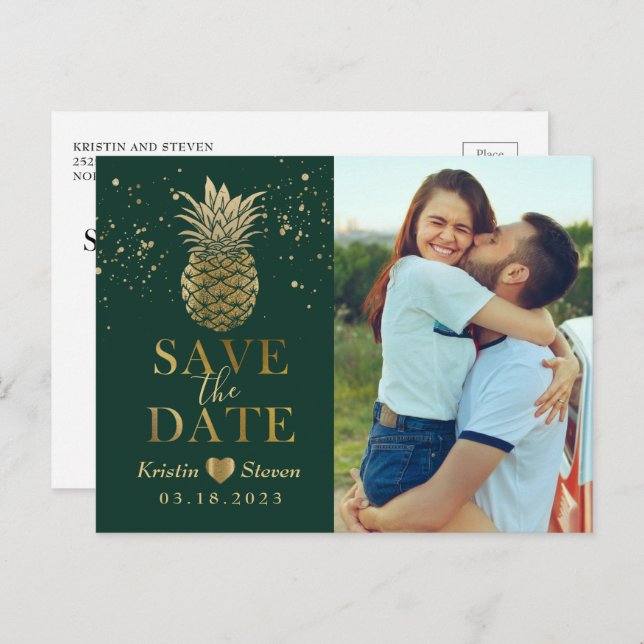 Tropical Green Gold Pineapple Photo Save the Date Postcard (Front/Back)