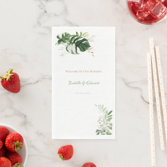 Tropical Green & Gold Watercolor Palm Leaves Napkin (Insitu)