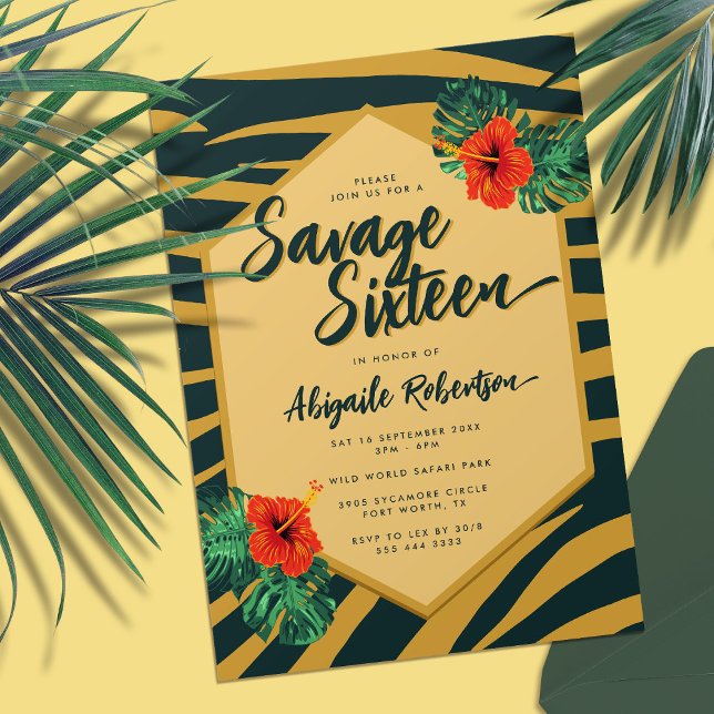 Tropical Green Gold Zebra Floral Sweet Sixteen Invitation (Green and gold zebra print Sweet 16 invitation with tropical flowers)