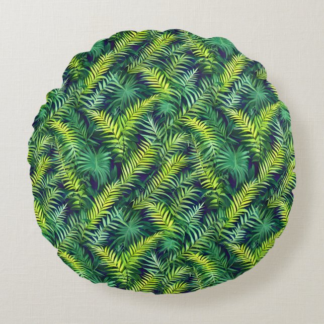 Tropical Green Leaf Fern Pattern Round Cushion (Front)