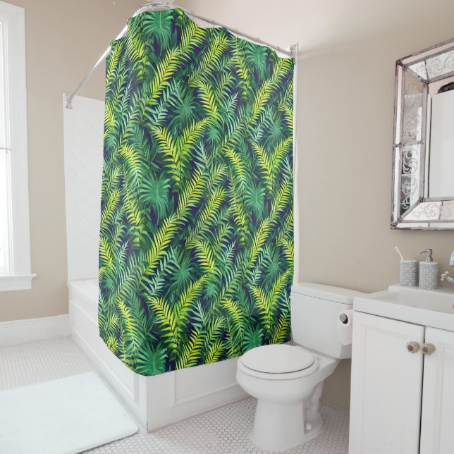 Tropical Green Leaf Fern Pattern Shower Curtain (In Situ)