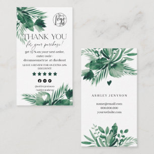 Tropical green leaf review order thank you business card