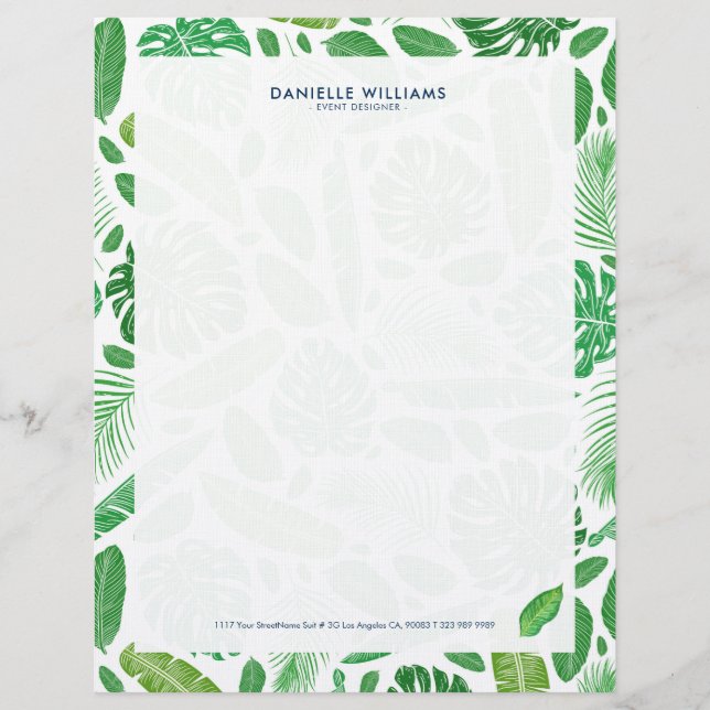 Tropical green leafs pattern custom letterhead (Front)