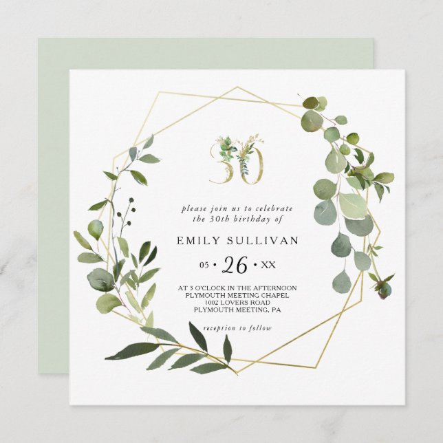 Tropical Green Leaves 30th Birthday Party Invitation (Front/Back)