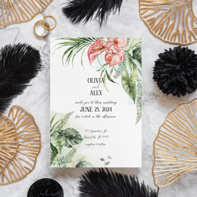 Tropical green leaves and anthurium pink flowers invitation (Creator Uploaded)