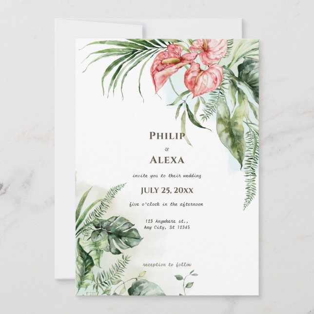 Tropical green leaves anthurium flowers wedding invitation (Front)