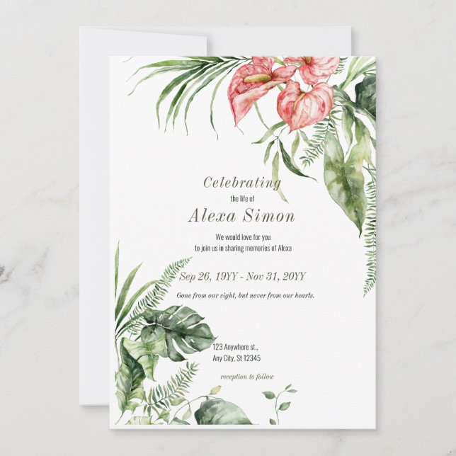 Tropical green leaves Anthurium Funeral Invitation (Front)