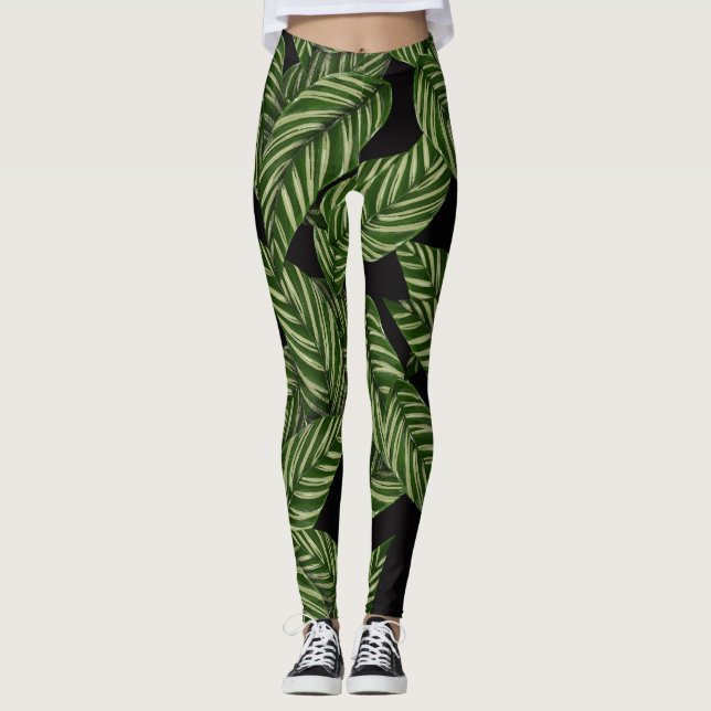 Tropical Green Leaves Black Leggings (Front)