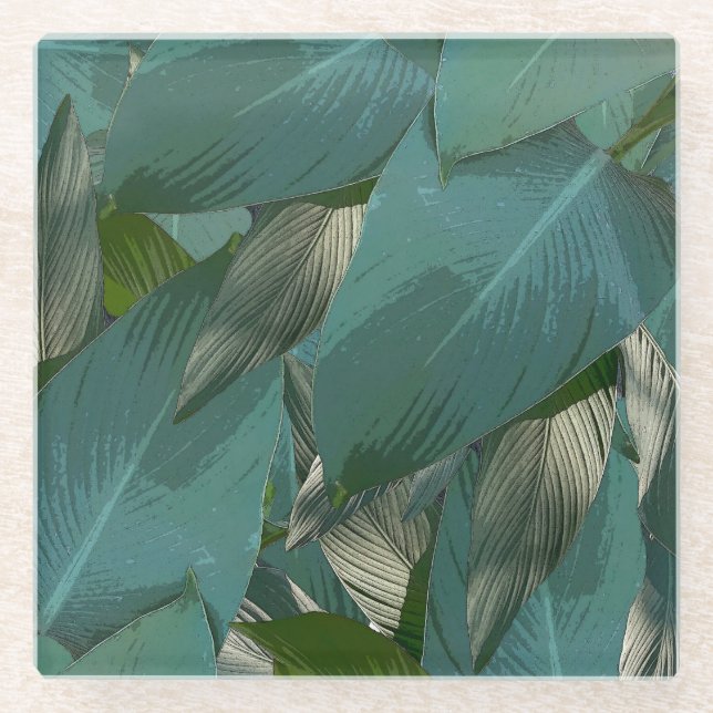 Tropical Green Leaves Glass Coaster (Front)
