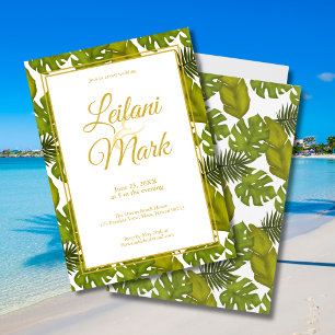 Tropical Green Leaves Gold Destination Wedding Invitation