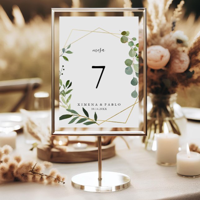 Tropical Green Leaves Mesa Spanish Wedding Table Number (Creator Uploaded)