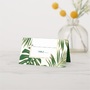 Tropical green leaves modern wedding folded escort place card