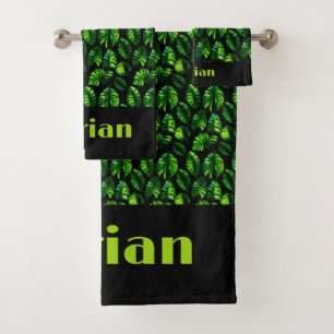 Tropical Green Leaves on Black Personalised Bath Towel Set