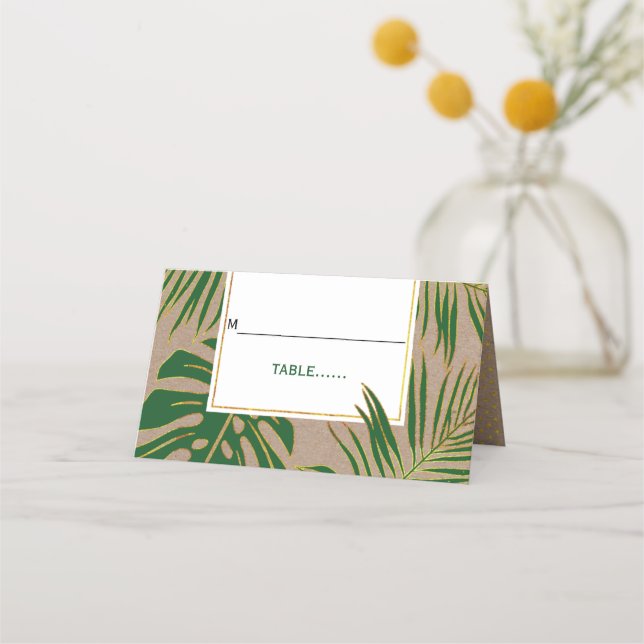Tropical green leaves rustic wedding folded escort place card (Front)