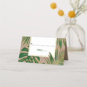 Tropical green leaves rustic wedding folded escort place card