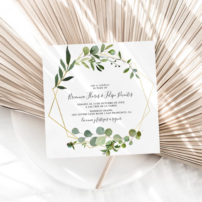 Tropical Green Leaves Spanish Square Wedding Invitation (Creator Uploaded)