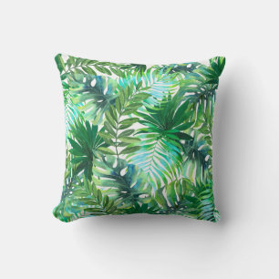 Tropical Green Leaves, Watercolor Seamless. Cushion
