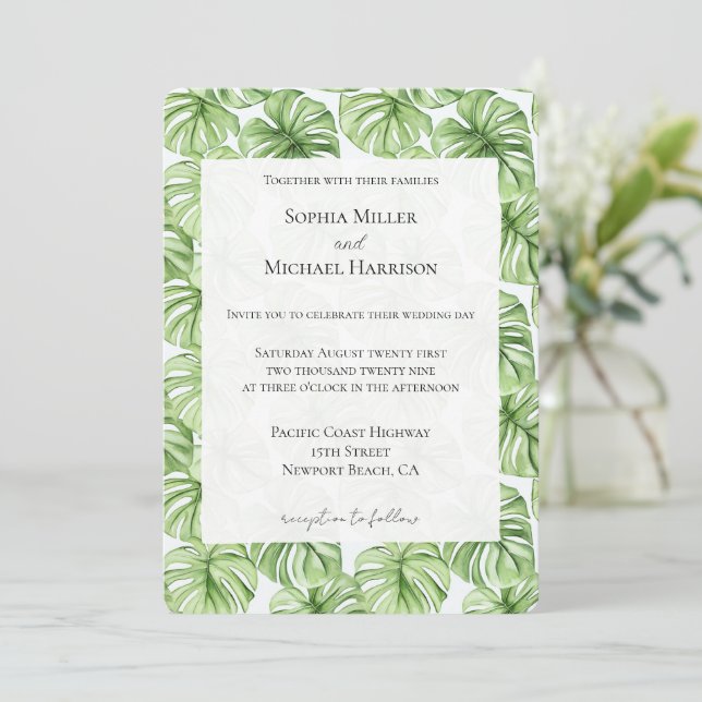 Tropical Green Leaves Wedding Invitation (Standing Front)