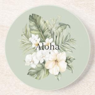 Tropical Green Leaves White Hibiscus Orchids Coaster