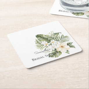 Tropical Green Leaves White Orchids Bridal Shower Square Paper Coaster