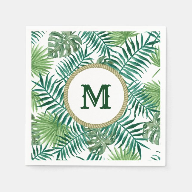 Tropical Green Leaves with Custom Monogram Napkin (Front)